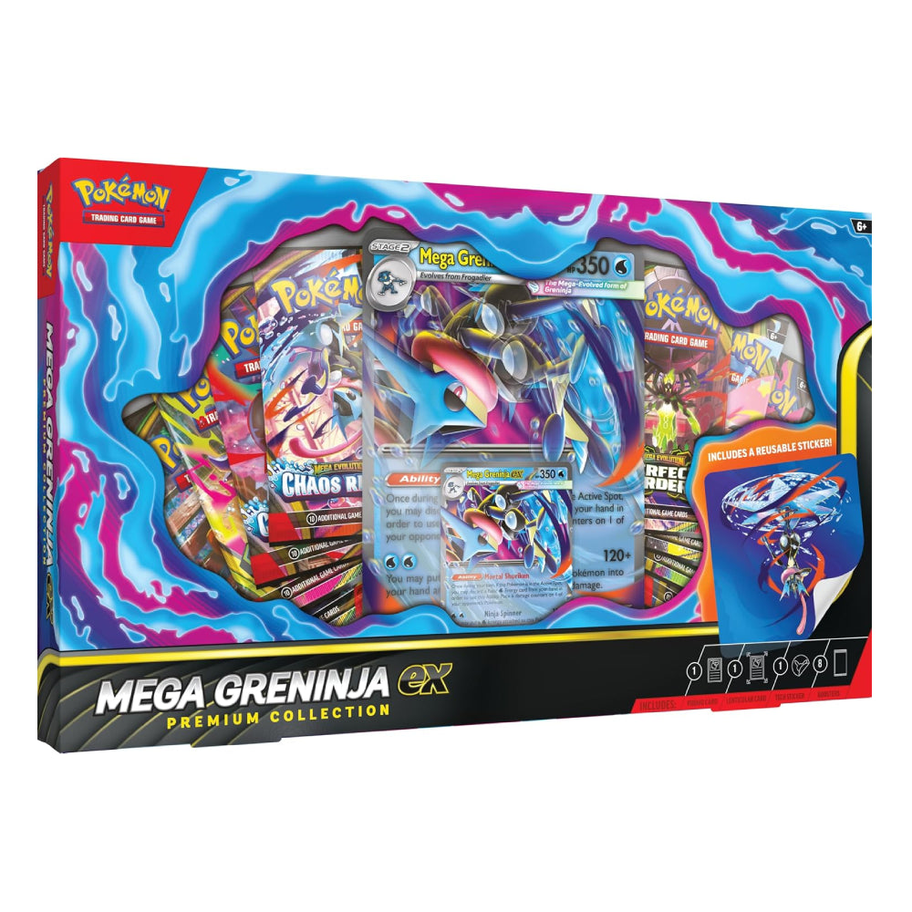 Pokémon Trading Card Game Mega Greninja GX Premium Collection card box set, featuring a vibrant blue and pink splatter design with visible card packs and a reflective sticker on the front.