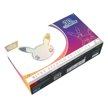 Pokémon Ultra-Premium 30th Anniversary 3D Premium Collection card box featuring a white, purple, and orange gradient design with character illustrations.
