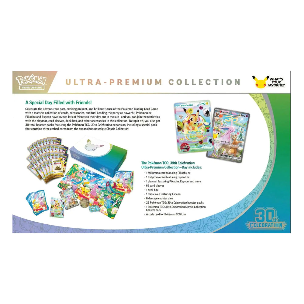 A promotional product display card for the Pokémon Ultra-Premium Collection, showing a blue Pokémon TCG game box, trading cards, accessories, and a Pokémon case on a white background with printed text and graphics.