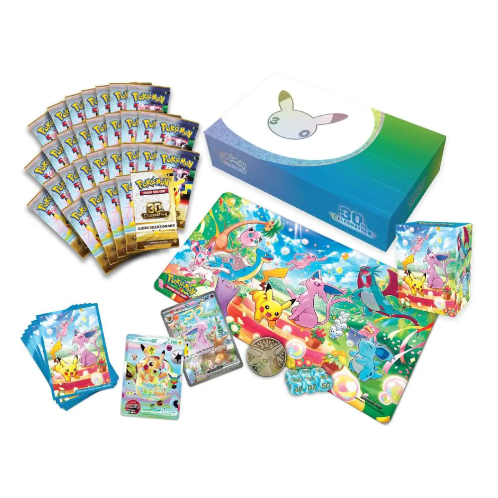 Pokémon TCG 30-card booster pack box and assorted trading card packs, sleeves, and a coin on a plain white background.
