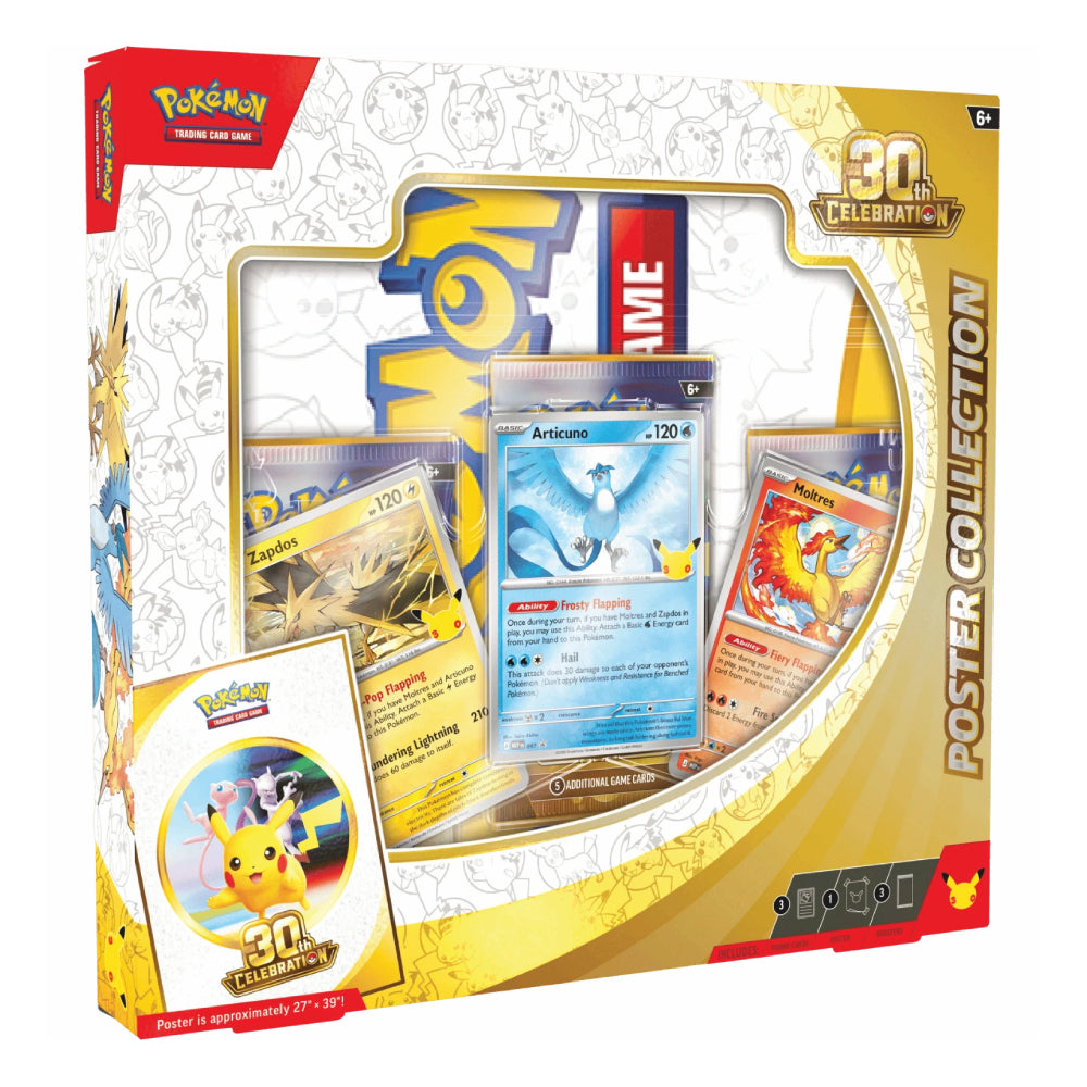 Pokémon Trading Card Game 30th Anniversary Poster Collection box, featuring a clear window displaying sample cards and a yellow-and-white illustrated package design with Pokémon branding.
