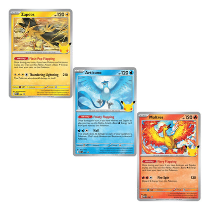 Three Pokémon trading cards shown on a plain white background: Zapdos, Articuno, and Moltres, each with a different colored card face and a small Pikachu illustration in the corner.