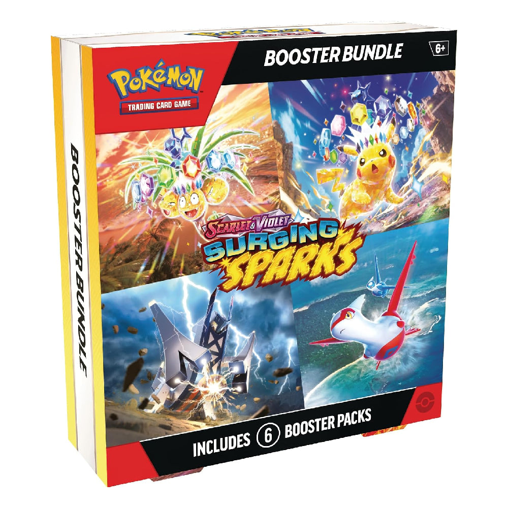 Pokémon Trading Card Game Booster Bundle box for Scarlet & Violet Surging Sparks, featuring colorful artwork of various Pokémon characters and a black banner indicating it includes 6 booster packs.