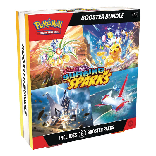 Pokémon Trading Card Game Booster Bundle box for Scarlet & Violet Surging Sparks, featuring colorful artwork of various Pokémon characters and a black banner indicating it includes 6 booster packs.