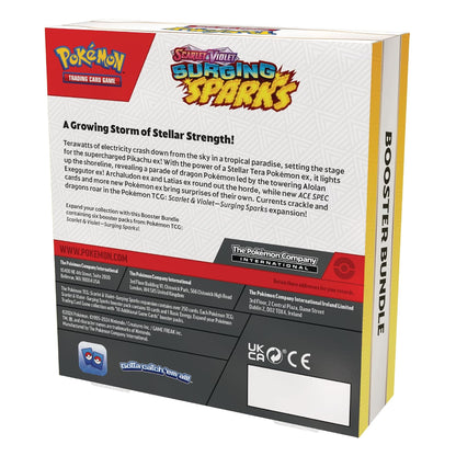 Pokémon Trading Card Game Scizor Mint Bidding Sparks Booster Bundle box shown from the back, featuring red, white, and black design with product details and text.