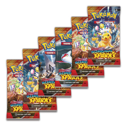 Five Pokémon Trading Card Game booster packs fanned out diagonally on a white background, featuring the Surging Sparks TCG edition with various character art illustrations.