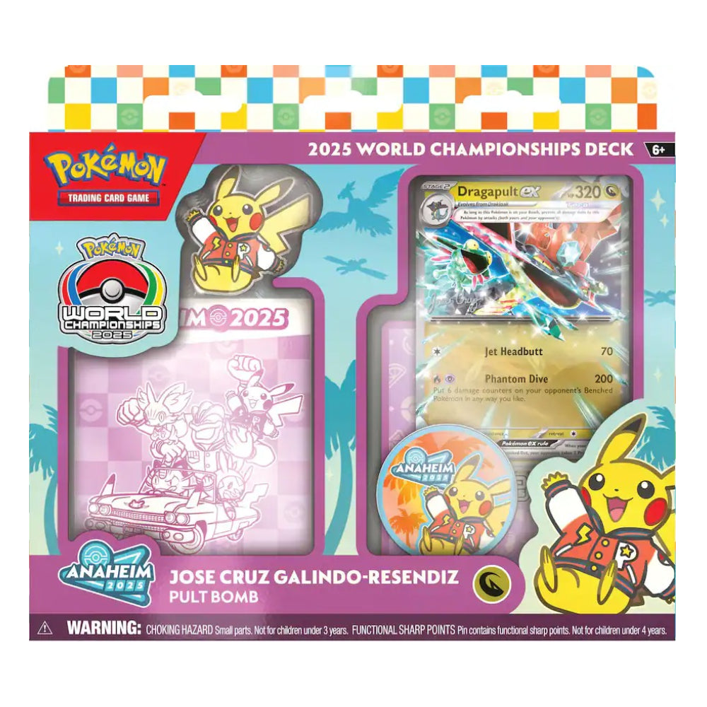 Pokémon Trading Card Game 2025 World Championships Deck Pult Bomb packaging, featuring Pikachu and Joáe Cruz Galindo-Resendiz artwork, a holographic card insert, and a pink foil envelope on a white background.