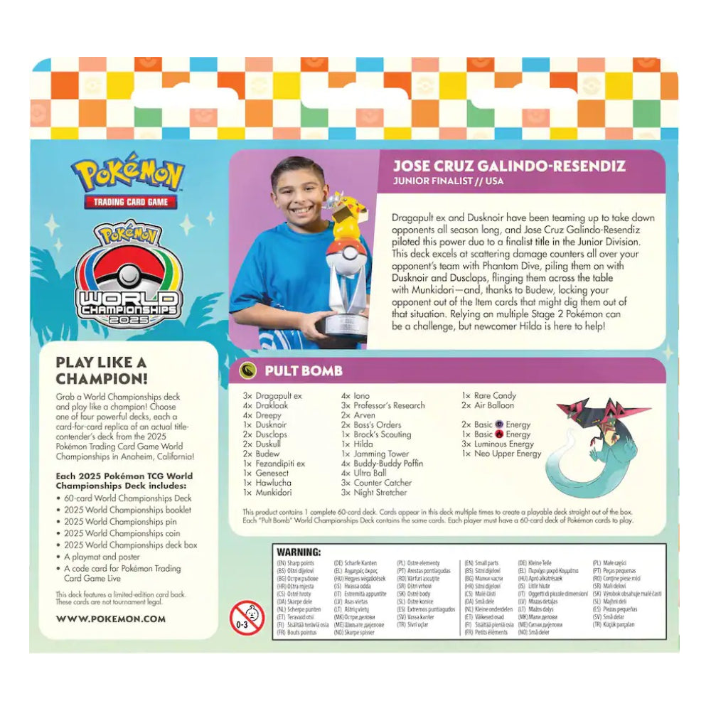 A Pokémon Trading Card Game 2025 World Championships deck list insert card featuring player profile for Jose Cruz Galindo-Resendiz, team highlights, and a comprehensive deck list with card counts and rulings.