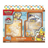 Pokémon trading card game packaging with cards and artwork on a colorful background