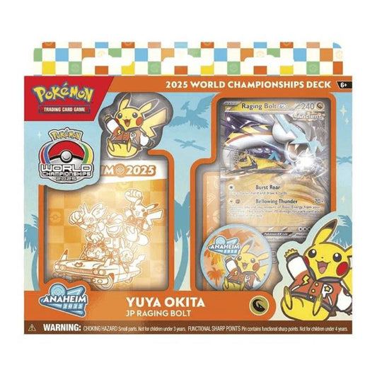 Pokémon trading card game packaging with cards and artwork on a colorful background