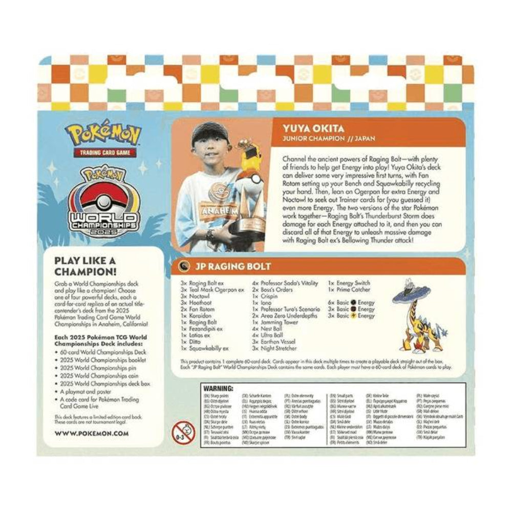 A Pokémon Trading Card Game 2025 World Championships deck insert card for Yuwa Okita's JPN Raging Bolt deck, featuring character info, strategy text, and a comprehensive move list on a white background.