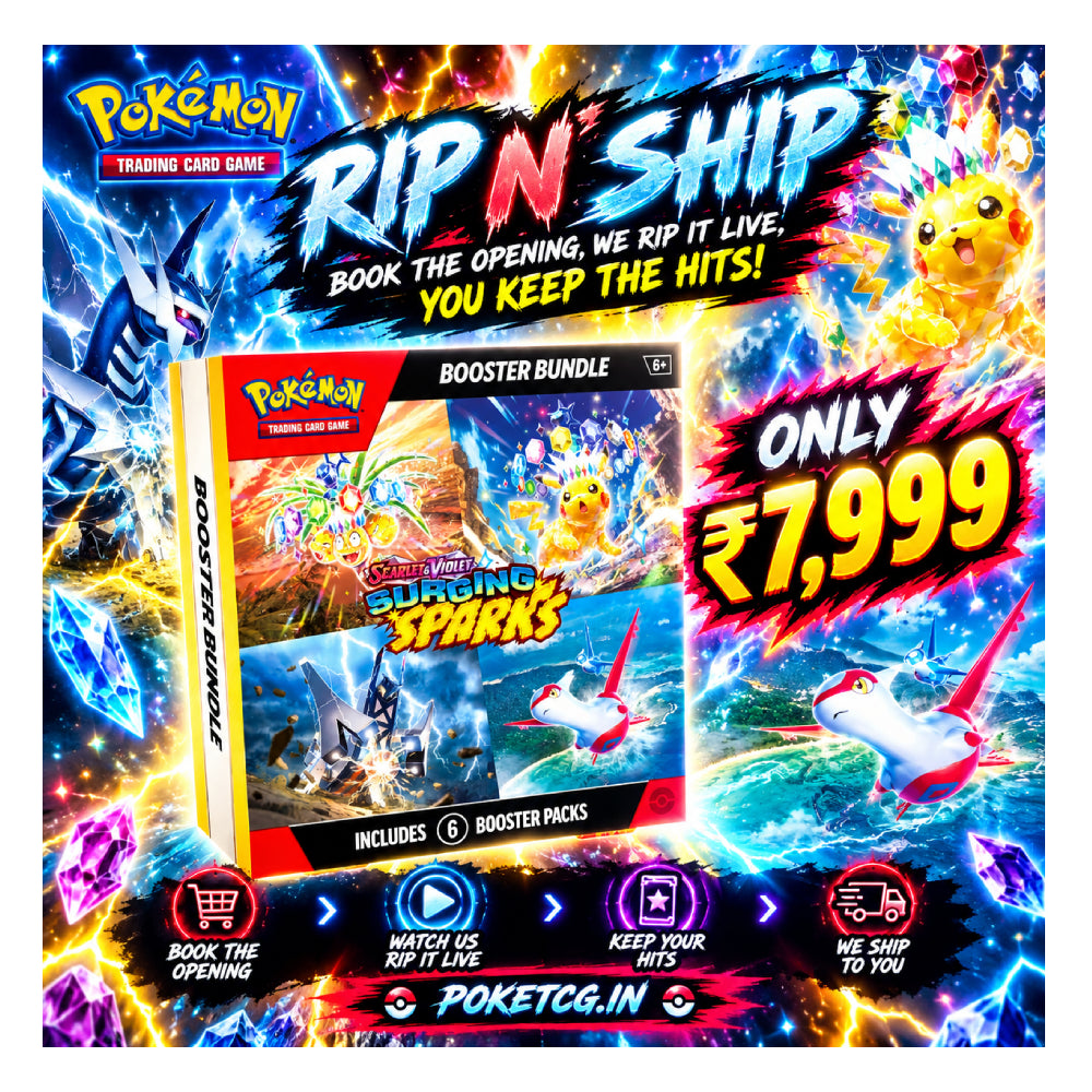 Promotional graphic for a Pokémon Trading Card Game booster bundle titled 'Rip N Ship' featuring the 'Surging Sparks' booster pack. The image is highly colorful with anime characters, lightning effects, and promotional text including 'Only ₥7,999' and 'Poketgi.