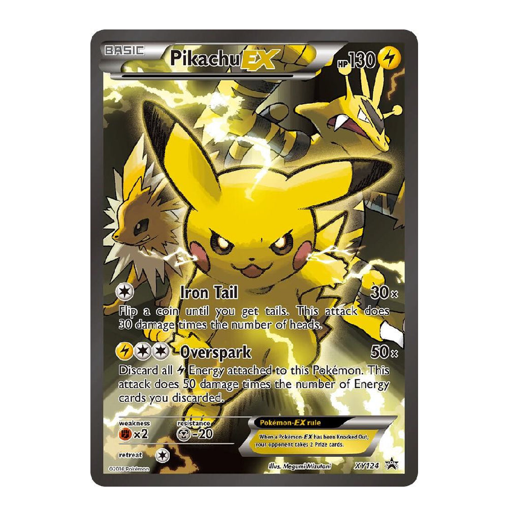 A single Pokémon trading card for Pikachu EX from the Basic set, shown against a plain white background. The card features Pikachu in bright yellow with black-tipped ears and a determined expression, with additional illustrated Pikachu variants behind it.