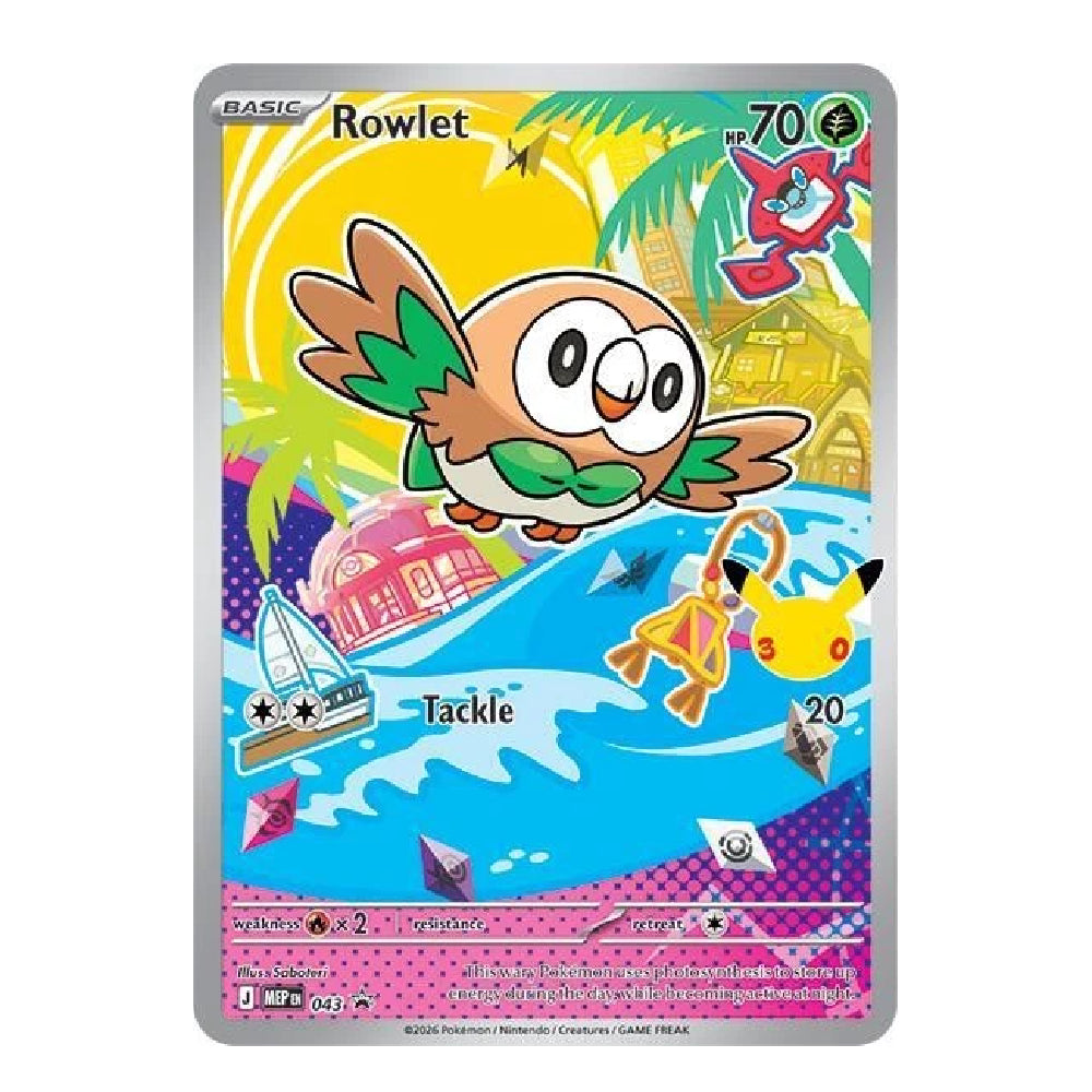 A Pokémon TCG trading card featuring the character Rowlet, shown against a plain white background. The card has a silver border and colorful artwork with Rowlet flying over blue water, palm trees, and a pink boat.