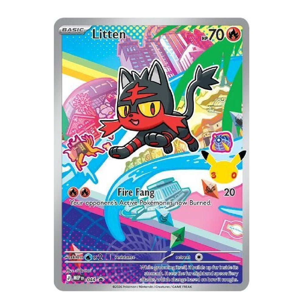 A Pokémon trading card featuring the character Litten from the Fire Fang expansion. The card has a colorful, busy illustrated background with pink, blue, green, and yellow elements, and a silver border around the card.