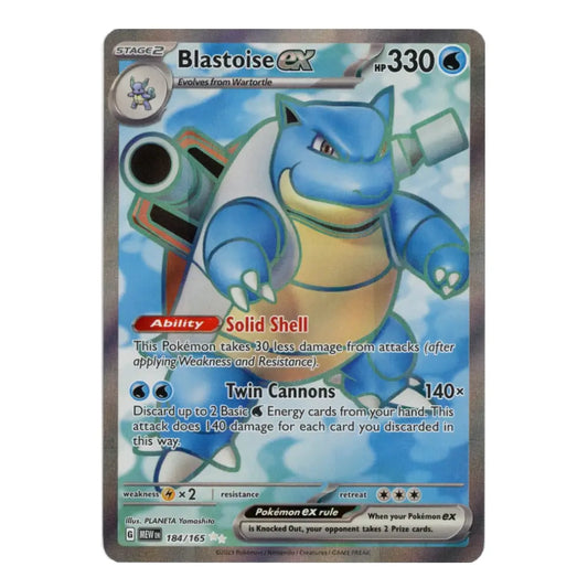 A single Pokémon trading card featuring Blastoise EX, shown against a plain white background. The card has a gray border and displays the blue and beige Blastoise character with attack text including Solid Shell and Twin Cannons.