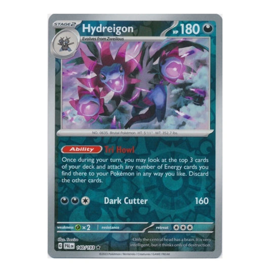 A single Pokémon trading card for the Hydroigon, featuring a dark teal and gray border with a central illustration of a blue and purple creature surrounded by pink flowers. The card includes the Hydroigon name, stage and type indicators, energy cost of 180, and the Dark Cutter ability.