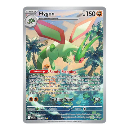 A single Pokémon trading card for Flygon, shown flat against a plain white background. The card features artwork of a green dragon-like creature with red wings, and printed game text including 'Stage 2', 'Flygon', '150', and 'Sandy Flapping'.