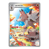 A single Pokémon trading card for the Lycanroc, shown straight-on against a plain white background. The card features artwork of a brown and white fox-like creature with blue eyes, with fiery orange and blue sky artwork behind it.