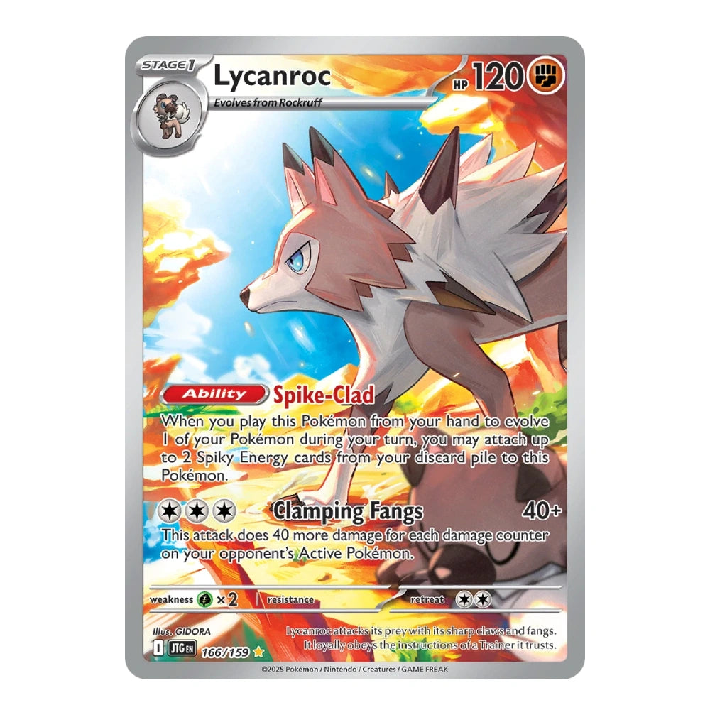 A single Pokémon trading card for the Lycanroc, shown straight-on against a plain white background. The card features artwork of a brown and white fox-like creature with blue eyes, with fiery orange and blue sky artwork behind it.