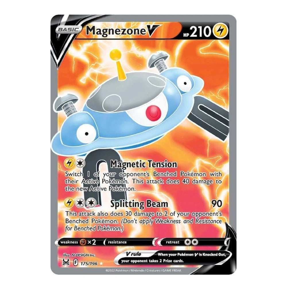 A single Pokémon trading card for Magnezone V, shown flat against a plain white background. The card features a blue and gray Magnezone with orange and yellow electric effects, black and white text boxes, and a silver border.