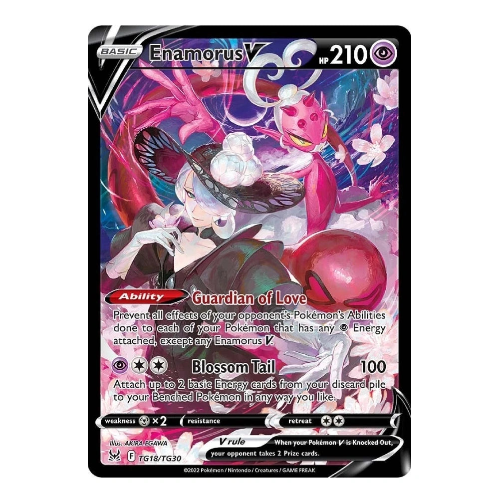 A single Pokémon trading card for Enamorus V, shown against a plain white background. The card features colorful fantasy artwork with pink, red, black, and white tones, and visible text including the name Enamorus V and the number 210.