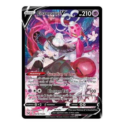 A single Pokémon trading card for Enamorus V, shown against a plain white background. The card features colorful fantasy artwork with pink, red, black, and white tones, and visible text including the name Enamorus V and the number 210.