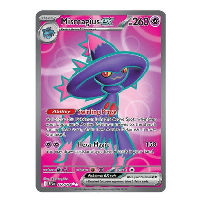 A single Pokémon trading card featuring Mismagius EX from the Ultra Thicker expansion. The card has a pink and purple gradient background with an illustration of Mismagius in purple and teal, and a gray border around the card.