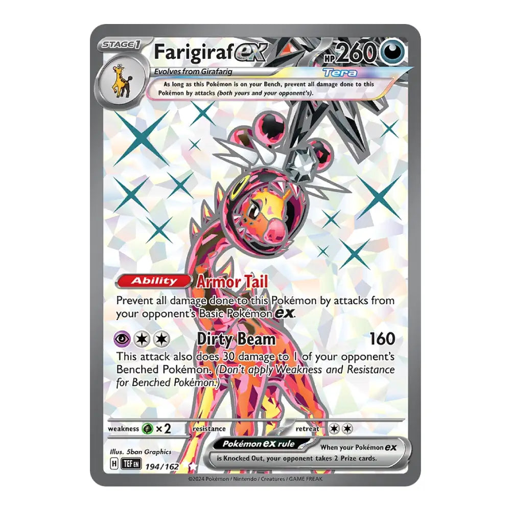 A single Pokémon trading card for Farigiraf EX, shown front-facing on a plain white background. The card has a silver border, holographic sparkle graphics, and artwork of a pink, orange, and black horse-like Pokémon.