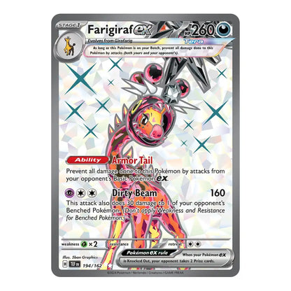 A single Pokémon trading card for Farigiraf EX, shown front-facing on a plain white background. The card has a silver border, holographic sparkle graphics, and artwork of a pink, orange, and black horse-like Pokémon.