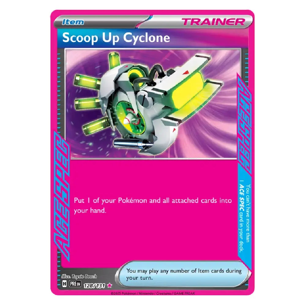 A Pokémon trading card featuring the 'Scoop Up Cyclone' item, with a bright pink border, a central illustration of a green and white cyclone scoop, and text detailing its effects in the game.