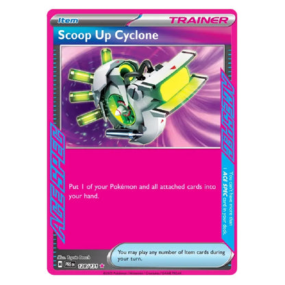 A Pokémon trading card featuring the 'Scoop Up Cyclone' item, with a bright pink border, a central illustration of a green and white cyclone scoop, and text detailing its effects in the game.