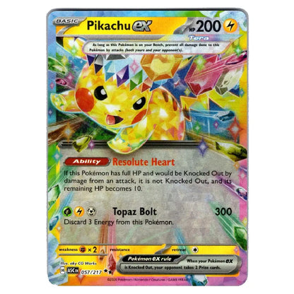 A holographic Pokémon Tera card featuring Pikachu EX, with a colorful, reflective surface and printed artwork of Pikachu in a dynamic pose.