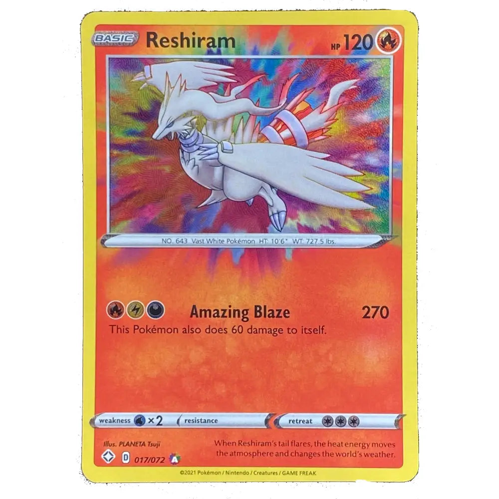 A single Pokémon trading card for Reshiram, shown flat against a plain white background. The card has a yellow border, an orange-red lower field, and colorful artwork of a white dragon-like Pokémon in the center.