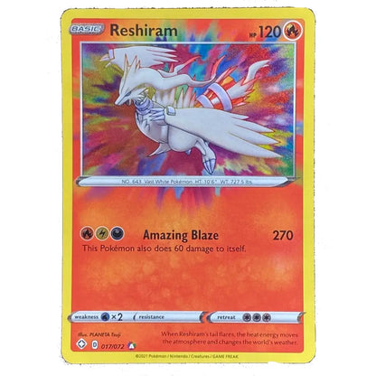 A single Pokémon trading card for Reshiram, shown flat against a plain white background. The card has a yellow border, an orange-red lower field, and colorful artwork of a white dragon-like Pokémon in the center.