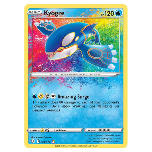 A single Pokémon trading card featuring Kyogre from the Basic set, with a colorful rainbow-splatter background and blue Kyogre artwork. The card includes attack text 'Amazing Surge' and a yellow border typical of Pokémon cards.