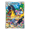 A single Pokémon trading card featuring a colorful illustrated scene with a large black-and-yellow bird character, a pink-haired character, and Japanese text. The card has a silver border and is shown on a plain white background.