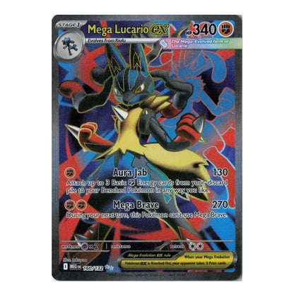 A single Pokémon trading card featuring Mega Lucario EX from the Eevee expansion, shown against a plain white background.