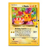 A Pokémon trading card featuring “Pikachu” with a birthday theme, shown against a plain white background. The card has a yellow border and includes artwork of Pikachu beside a birthday cake.