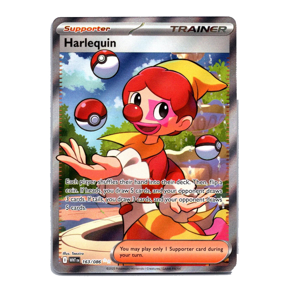 A single Pokémon trading card for Harlequin from the Supporter expansion, featuring artwork of Harlequin with red and yellow clothing and floating Pokéballs, on a plain light background.