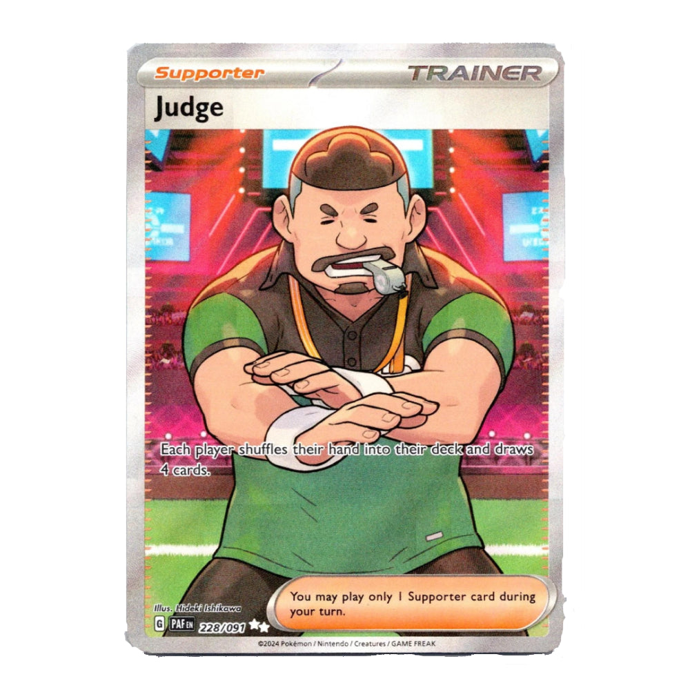A single Pokémon trading card for the Judge supporter trainer, featuring an illustrated character in a green shirt against a colorful stadium background. The card has a silver border and text including 'Supporter', 'TRAINER', and 'Judge'.