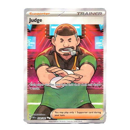 A single Pokémon trading card for the Judge supporter trainer, featuring an illustrated character in a green shirt against a colorful stadium background. The card has a silver border and text including 'Supporter', 'TRAINER', and 'Judge'.