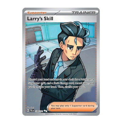 A single trading card shown on a plain white background. The card is labeled 'Supporter' and 'TRAINER' at the top, with the title 'Larry's Skill' and an illustrated character in a dark suit and blue hair.