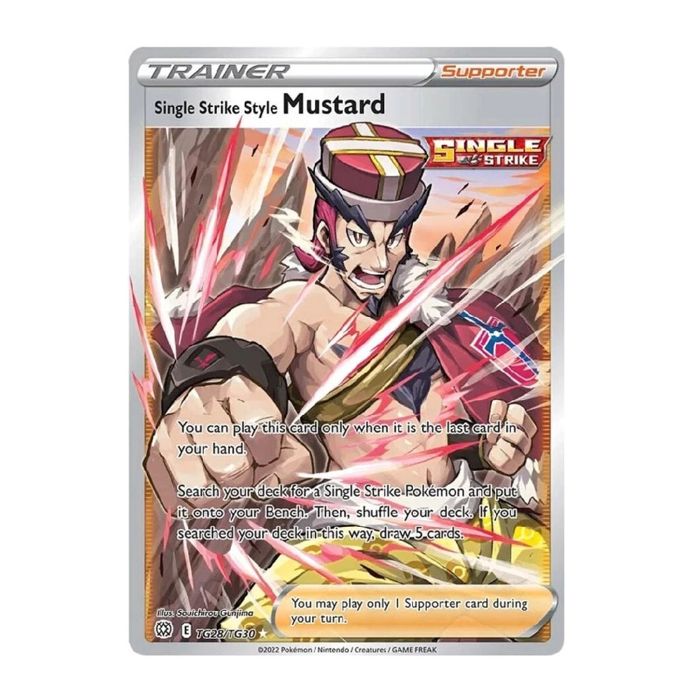A single Pokémon trading card for 'Single Strike Style Mustard' from the Single Strike TCG, featuring artwork of a character in a red and gold hat surrounded by energy effects, with a silver border and card frame on a white background.