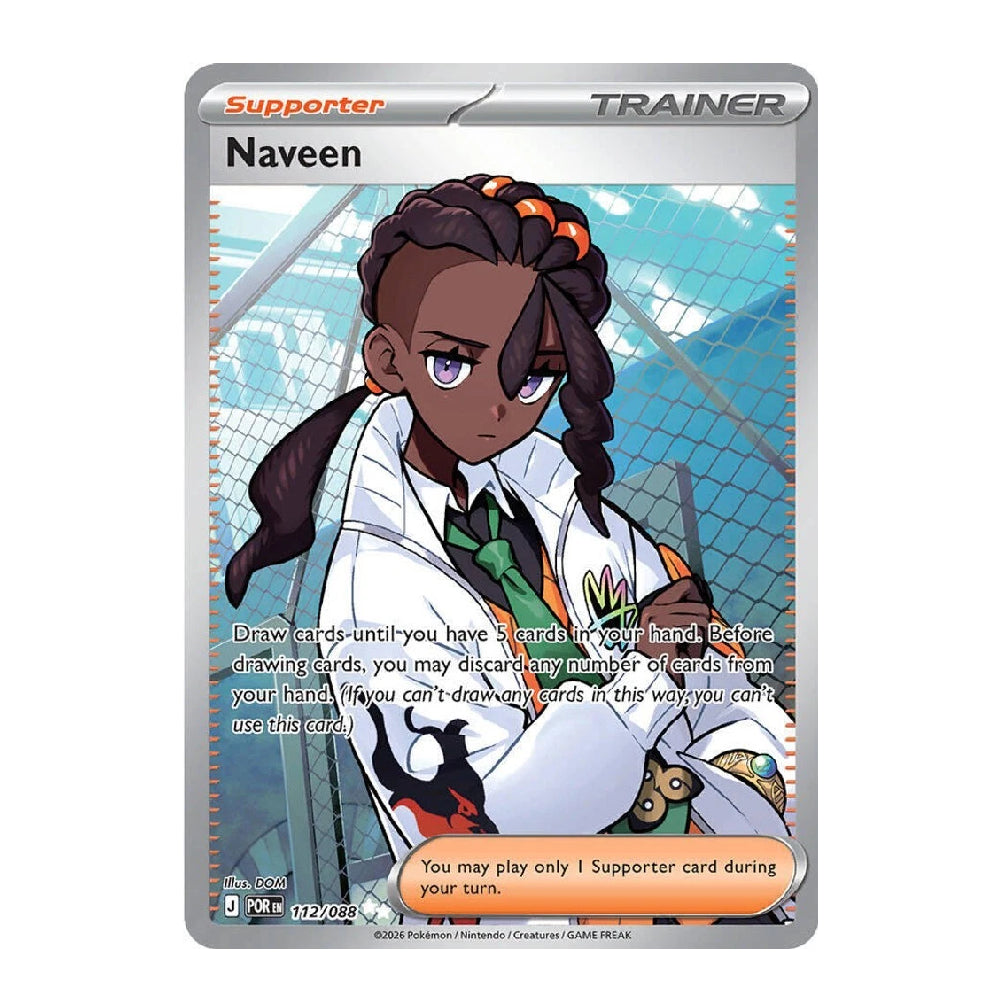 A single Pokémon trading card for Naveen from the Supporter set, featuring anime artwork of a girl in a white lab coat and green tie against a blue net background, with a silver card border.