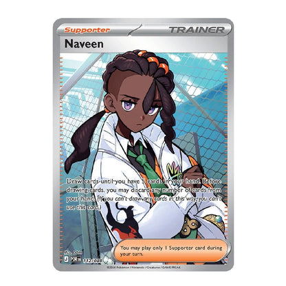 A single Pokémon trading card for Naveen from the Supporter set, featuring anime artwork of a girl in a white lab coat and green tie against a blue net background, with a silver card border.