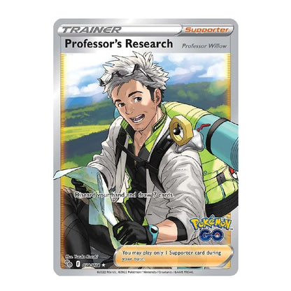 A Pokémon Go trading card titled "Professor's Research" featuring Professor Willow. The card has a silver border, a colorful illustration of Professor Willow outdoors, and the Pokémon Go logo in the bottom right corner.
