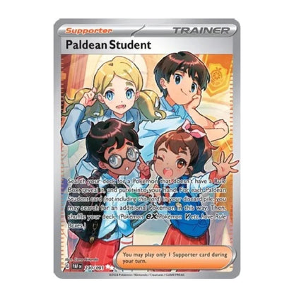 A Pokémon Trading Card Game card for 'Paldean Student' from the Paldean Fates expansion, featuring anime characters from the Paldean League on a silver card frame.