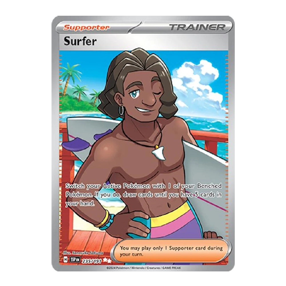 A Pokémon trading card featuring the character Surfer, a Supporter Trainer card. The card has a silver border and displays artwork of a smiling man with dark hair holding a surfboard on a beach deck, with ocean and palm trees in the background.
