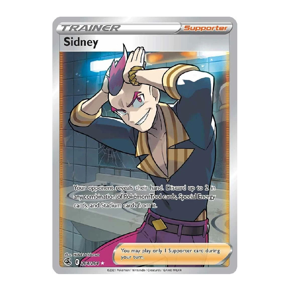 A single Pokémon TCG trading card featuring the character Sidney, shown against a plain white background. The card has a silver border, a colorful character illustration, and printed text including 'TRAINER', 'Sidney', and 'Supporter'.
